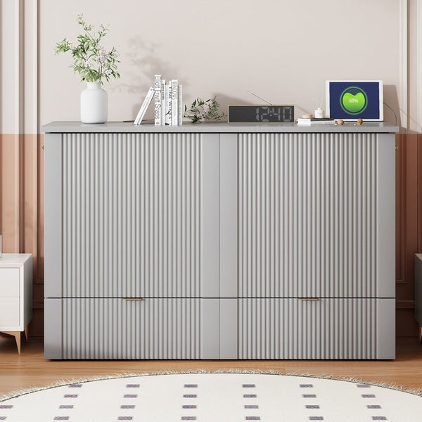 English Elm Full Size Wall Murphy Bed Cabinet with Usb Ports Drawer and Pulley Lift Gray Finish LP100770AAE