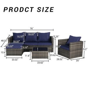 English Elm 3 Piece Outdoor Pe Rattan L-shaped Sectional Set with Ottoman and Tempered Glass Table Dark Blue W874S00054