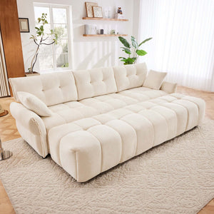 English Elm 3 Seater Chenille Sofa Set with Ottomans Tufted Arms Solid Wood Frame Lounge Ready White W714S01655
