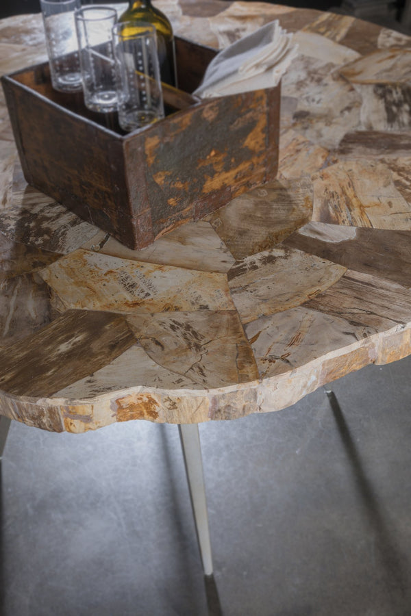 Lexington Artistica Home Caldera Dining Table - Unique Live-edge Design With Petrified Wood And Elegant Iron Base For Modern Homes Light Golden Brown Wood 2305-870c