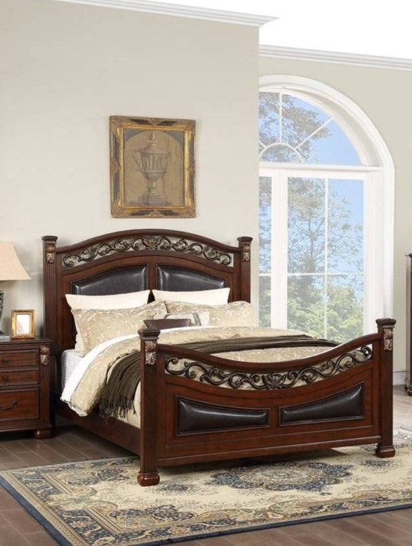 English Elm Traditional Eastern King Bed Faux Leather Padded Headboard Dark Cherry Wood Frame B011S02112