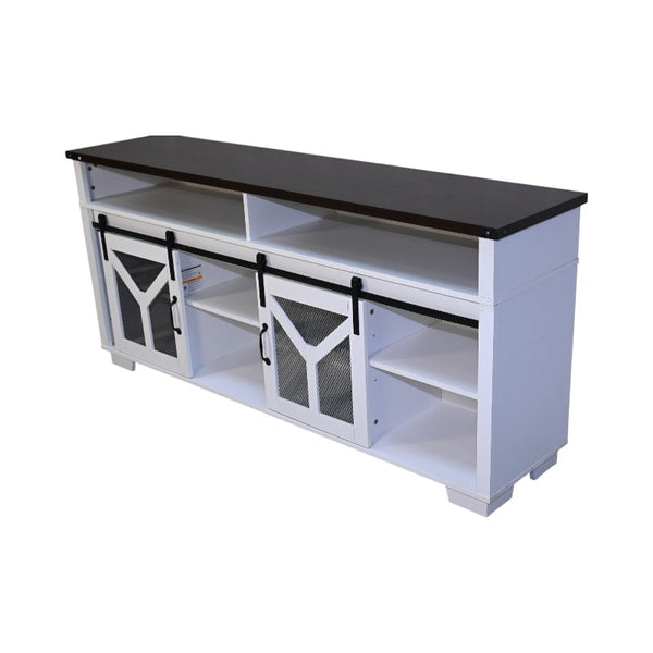 English Elm 65.3" TV Stand with LED Ambience, Sliding Iron Mesh Barn Doors, Y-Accent Rustic Farmhouse Storage White+Walnut W1412P271798