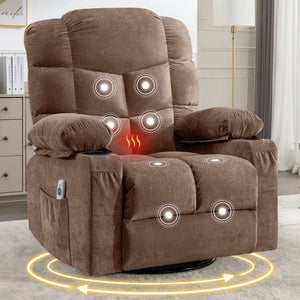 English Elm Oversized Swivel Recliner with Massage Heating Linen Upholstery and Usb Port Brown W1521P411662