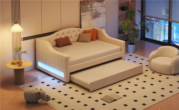 English Elm Upholstered Full XL Daybed with LED Belt and Trundle, Linen Backrest, Modern Silhouette, 450lb Capacity Beige DL002059AAA