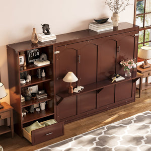 English Elm Queen Murphy Bed with Built-In Shelves, Height-Adjustable Storage & Drawer for Small Spaces Walnut 71.6 L x 21.5 W x 6.1 H N733S309223D