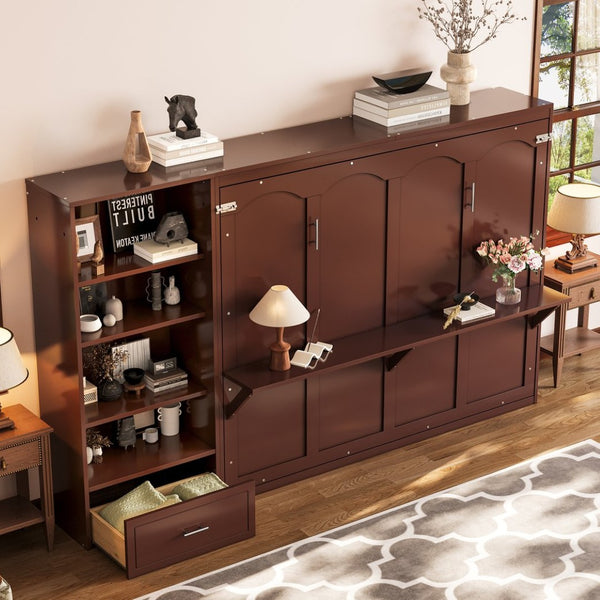 English Elm Queen Murphy Wall Bed with Folding Platform Side Cabinet Drawer and Adjustable Shelves Walnut N733S407545D