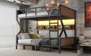 English Elm Queen Over Solid Pine Bunk Bed with Built in Shelves and Tray for Guest Rooms W5305S00013