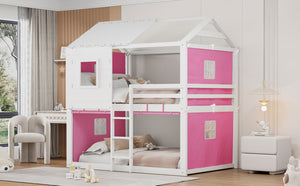 English Elm Full Size Kids Playhouse Bunk Bed Pinewood Frame with Tent Roof and Window Cutouts Pink LT000380AAH-1