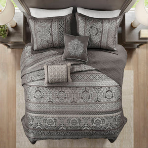 English Elm 5-piece Queen Jacquard Bedspread Set with Leaf Ironwork Motifs Shams and Throw Pillows B035P408228