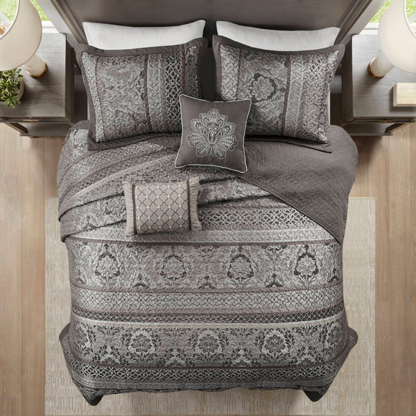 English Elm 5-piece Queen Jacquard Bedspread Set with Leaf Ironwork Motifs Shams and Throw Pillows B035P408228