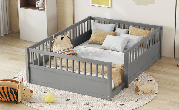English Elm Full Montessori Floor Bed Frame with Fence for Kids — Pine Play & Reading Space, Sturdy Low Profile Gray W1580P307886