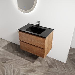 English Elm 30" Wall-Mounted Bathroom Vanity With Black Ceramic Sink & Soft-Close Drawers For Modern Spaces W999S00195