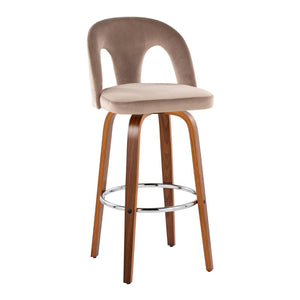 English Elm Fixed-height Swivel Barstools Walnut Legs Taupe Velvet Seat Chrome Footrest Set B202S01889