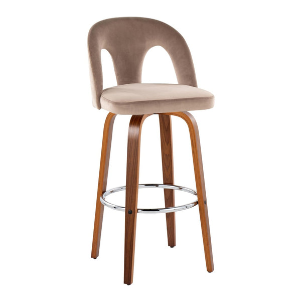 English Elm Fixed-height Swivel Barstools Walnut Legs Taupe Velvet Seat Chrome Footrest Set B202S01889