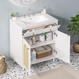 English Elm 30" Rattan Front Bathroom Vanity Solid Pine Cabinet with Ceramic Sink and Adjustable Shelf White N710P293988K