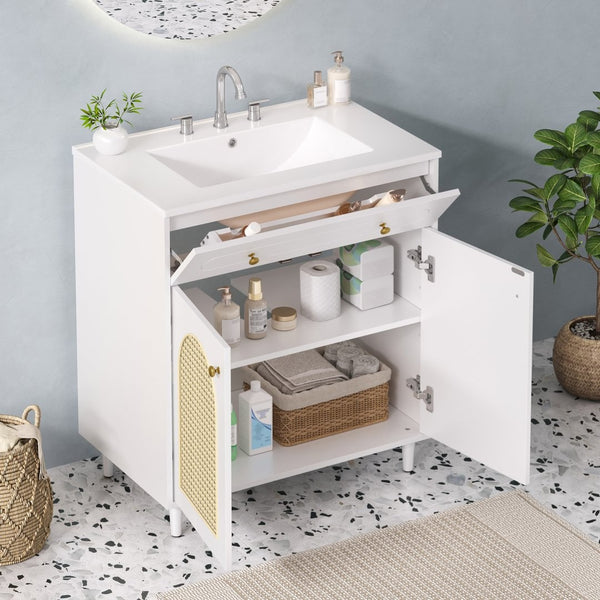 English Elm 30" Rattan Front Bathroom Vanity Solid Pine Cabinet with Ceramic Sink and Adjustable Shelf White N710P293988K