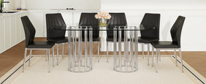 English Elm Table and Chair Set Oval Tempered Glass Top Six Seat Contemporary Dining Black,Silver,Transparent W1151S04740