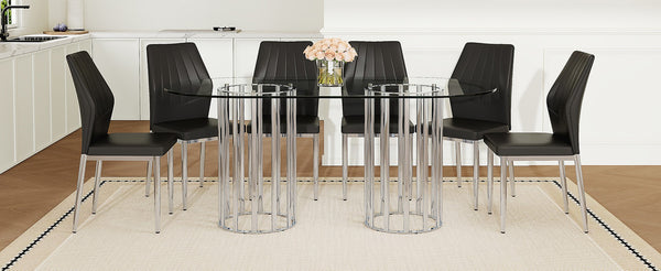 English Elm Table and Chair Set Oval Tempered Glass Top Six Seat Contemporary Dining Black,Silver,Transparent W1151S04740