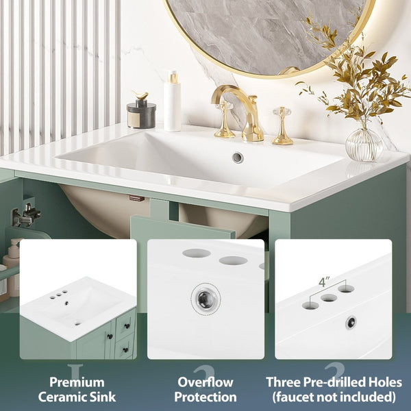 English Elm 24-inch Matte Bathroom Vanity Rubberwood Cabinet with Ceramic Sink and Soft-close Drawers Light Green N729P377516F