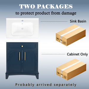 English Elm 27.8" Mid-century Freestanding Bathroom Vanity with Ceramic Sink Drawer and Wood Base Blue W1801S00005