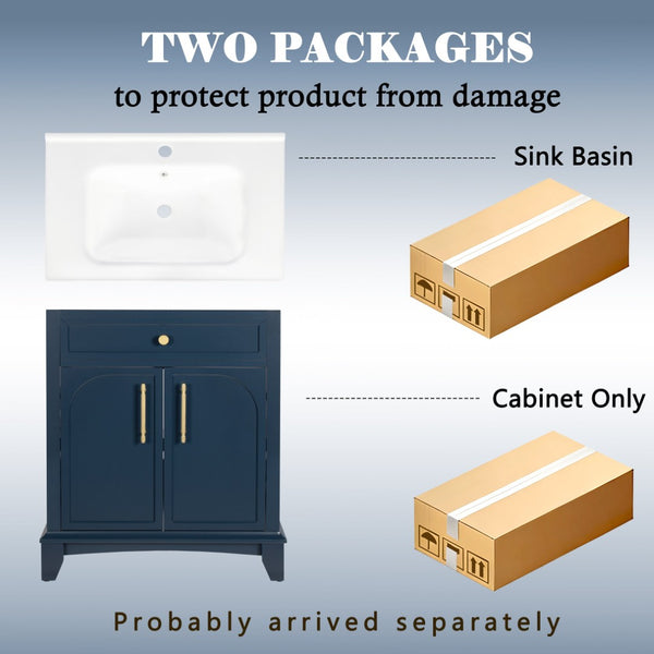 English Elm 27.8" Mid-century Freestanding Bathroom Vanity with Ceramic Sink Drawer and Wood Base Blue W1801S00005