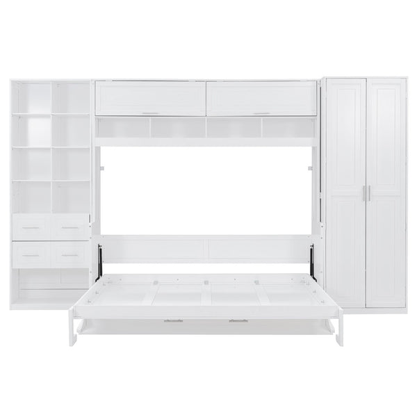 English Elm Queen Murphy Wall Bed Cabinet System with Wardrobe Drawers and Shelving in White Mdf LP000384AAK-1