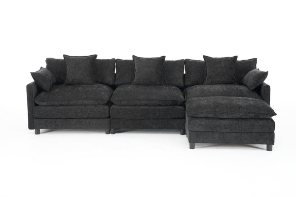 English Elm 108" L-shaped Chenille Cloud Sectional Deep Seat Sofa with Ottoman for Living Rooms Black W3244S00004