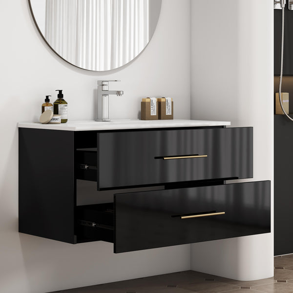 English Elm 36-Inch Modern Wall-Mounted Bathroom Vanity With Gold Handle & Integrated Sink For Stylish Storage W3151S00056