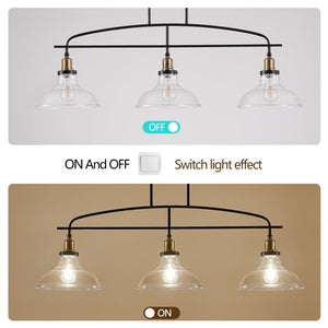 English Elm 45" Industrial 3-Light Pendant Chandelier with Clear Glass Shades, Black Metal, Adjustable Height, Modern Farmhouse Lighting for Kitchen Island and Dining Areas W1340P253586