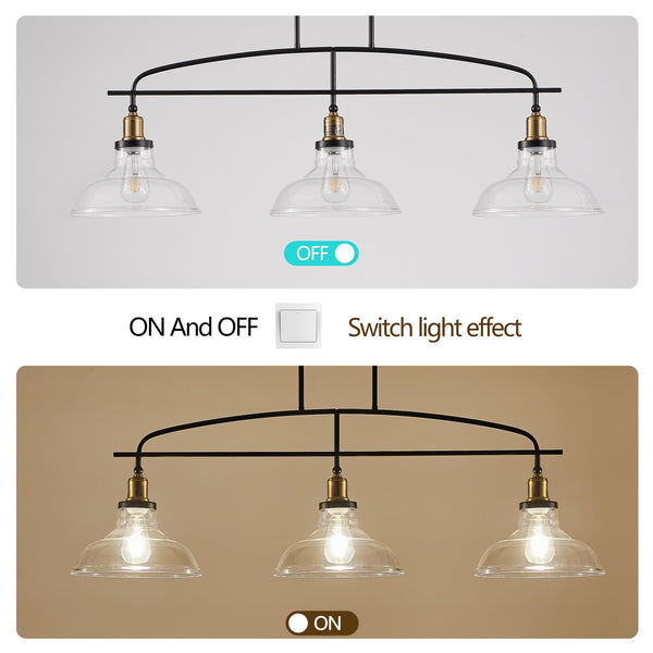 English Elm 45" Industrial 3-Light Pendant Chandelier with Clear Glass Shades, Black Metal, Adjustable Height, Modern Farmhouse Lighting for Kitchen Island and Dining Areas W1340P253586