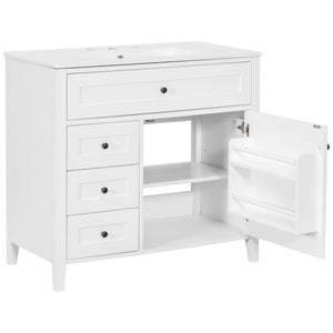 English Elm 36-Inch White Bathroom Vanity With Sink, Modern Mdf & Rubberwood, 3 Drawers & Adjustable Shelf Storage N725P350821K