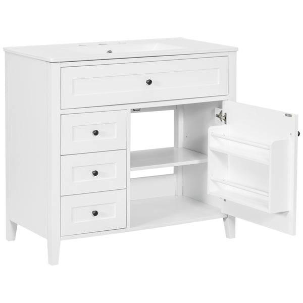 English Elm 36-Inch White Bathroom Vanity With Sink, Modern Mdf & Rubberwood, 3 Drawers & Adjustable Shelf Storage N725P350821K