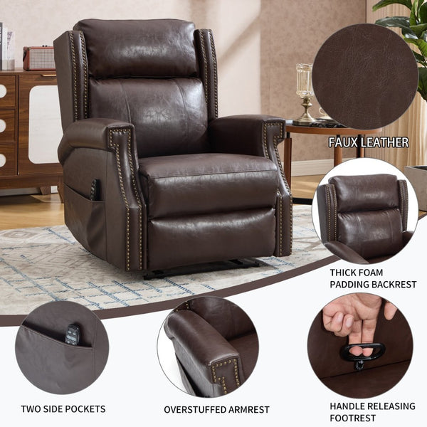 English Elm Emon's Overstuffed Chenille Power Lift Recliner with Massage Heat and Charging Ports Antique Brown W1803S00092