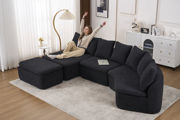 English Elm 133'' Modular U-shaped Sectional Chenille Sofa with Removable Recliner for Spacious Rooms Black W2231S00055