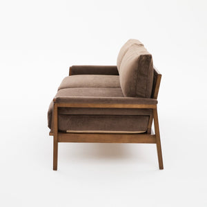 English Elm Mid-century Modern Boucle Upholstered Three Seat Sofa with Walnut Finish Wood Legs Dark Brown N773P411407D