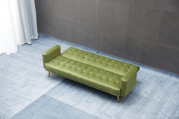 English Elm Sofa Bed Velvet Upholstered Convertible with Gold Metal Legs for Studio Spaces Army Green B205P246432