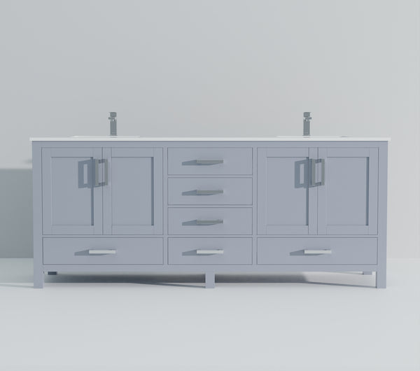 English Elm Dark Grey 84" Double Bath Vanity with White Quartz Top, 14 Drawers, Soft-Close, Chrome Faucet Set B2731P259153