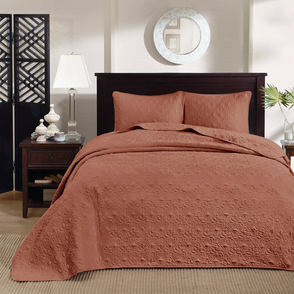 JLA Home Madison Park - 3 Reversible Bedspread Set with Quilted Stitch Texture, Oversized Drape, Prewashed Cotton Fill, Antimicrobial Protection Clay Red MP13-8485