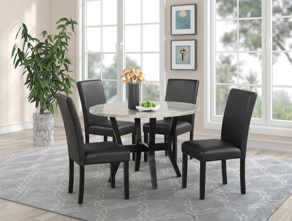 English Elm 5pc Modern Round Dining Set with Faux Marble Top & PU Upholstered Chairs, White Top Black Base, 45" B011P405693