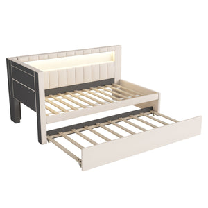 English Elm Upholstered Twin Platform Bed with Trundle, Linen Backrest, Built-In USB Ports & LED Accent Lighting White DL001919AAK