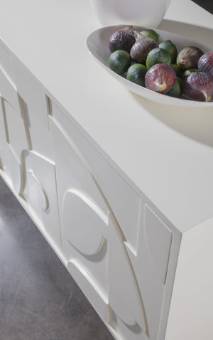 Lexington Artistica Home Bardo Media Console - Stylish Post-modern Cabinet With Unique Relief Carvings And Adjustable Shelves White Wood 2312-907