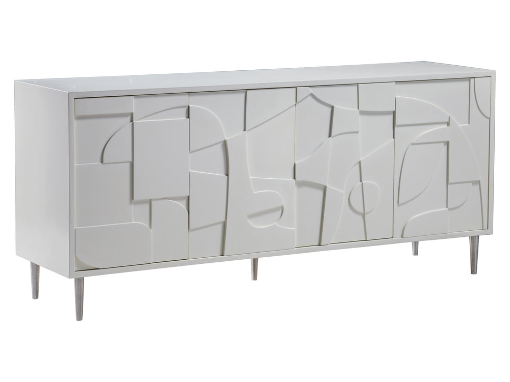 Lexington Artistica Home Bardo Media Console - Stylish Post-modern Cabinet With Unique Relief Carvings And Adjustable Shelves White Wood 2312-907
