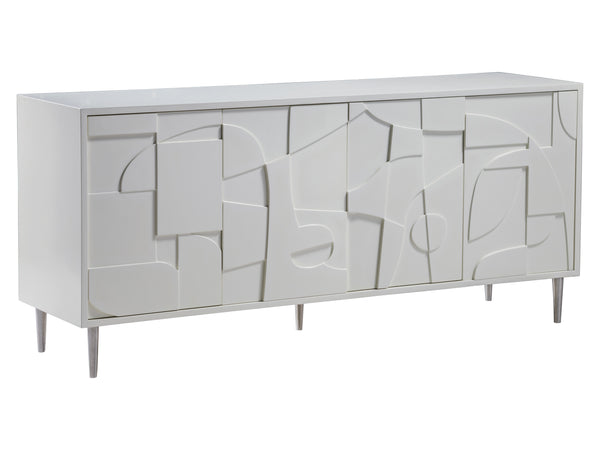 Lexington Artistica Home Bardo Media Console - Stylish Post-modern Cabinet With Unique Relief Carvings And Adjustable Shelves White Wood 2312-907