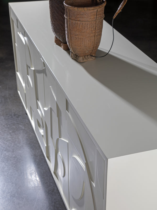 Lexington Artistica Home Bardo Media Console - Stylish Post-modern Cabinet With Unique Relief Carvings And Adjustable Shelves White Wood 2312-908