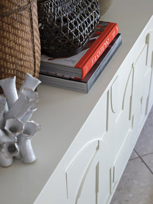 Lexington Artistica Home Bardo Media Console - Stylish Post-modern Cabinet With Unique Relief Carvings And Adjustable Shelves White Wood 2312-908