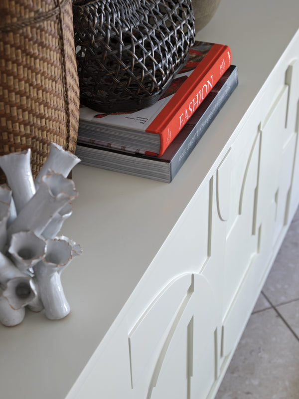 Lexington Artistica Home Bardo Media Console - Stylish Post-modern Cabinet With Unique Relief Carvings And Adjustable Shelves White Wood 2312-908