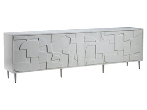 Lexington Artistica Home Bardo Media Console - Stylish Post-modern Cabinet With Unique Relief Carvings And Adjustable Shelves White Wood 2312-908