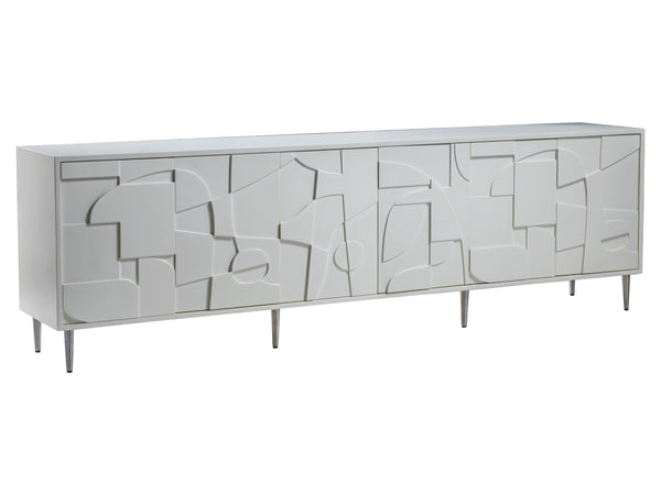 Lexington Artistica Home Bardo Media Console - Stylish Post-modern Cabinet With Unique Relief Carvings And Adjustable Shelves White Wood 2312-908