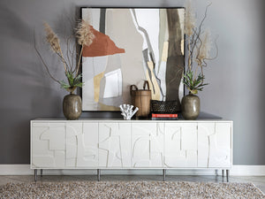 Lexington Artistica Home Bardo Media Console - Stylish Post-modern Cabinet With Unique Relief Carvings And Adjustable Shelves White Wood 2312-908