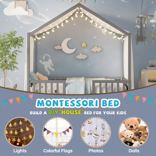 English Elm Montessori Pine Floor Bed Twin with House Canopy Frame and Four Safety Railings N733P356043E